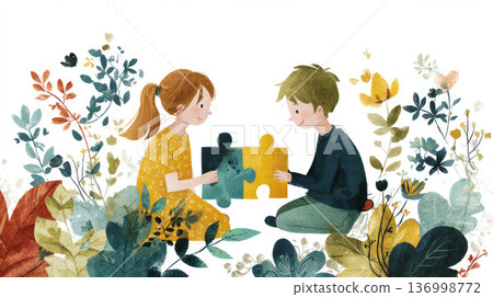 A boy and a girl put two pieces of a puzzle together, working together. Concept of unity and diversity of people, support and care for people with autism spectrum disorder A boy and a girl put two pieces of a puzzle together, working together. Concept of unity and diversity of people, support and care for people with autism spectrum disorder 136998772