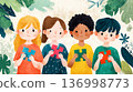 Illustration of diverse children holding puzzle pieces. Concept of autism spectrum disorder, neurodiversity, social support, friendship and acceptance of differences in early childhood development. 136998773