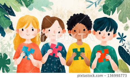 Illustration of diverse children holding puzzle pieces. Concept of autism spectrum disorder, neurodiversity, social support, friendship and acceptance of differences in early childhood development. Illustration of diverse children holding puzzle pieces. Concept of autism spectrum disorder, neurodiversity, social support, friendship and acceptance of differences in early childhood development. 136998773