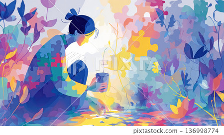 Illustration of woman surrounded by colorful puzzle shapes and plants. Concept of autism spectrum disorder, sensory world, neurodiversity, emotional depth, inclusion and supportive environment Illustration of woman surrounded by colorful puzzle shapes and plants. Concept of autism spectrum disorder, sensory world, neurodiversity, emotional depth, inclusion and supportive environment 136998774