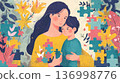 A mother hugs a boy with autism tightly, providing care and protection in a socially unequal society. Conceptual illustration of autism spectrum disorder, sensory overload, and social isolation 136998776