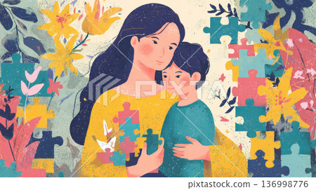 A mother hugs a boy with autism tightly, providing care and protection in a socially unequal society. Conceptual illustration of autism spectrum disorder, sensory overload, and social isolation A mother hugs a boy with autism tightly, providing care and protection in a socially unequal society. Conceptual illustration of autism spectrum disorder, sensory overload, and social isolation 136998776