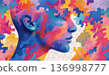 Abstract conceptual illustration of a portrait of a man, depicted from pieces of colorful puzzles, immersed in thought. A symbol of autism awareness 136998777