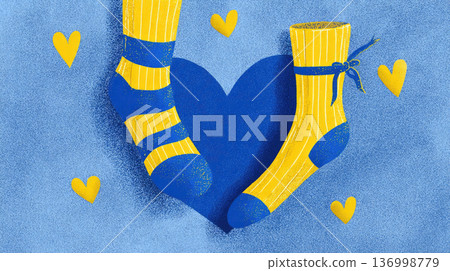 Illustrative card for World Down Syndrome Day on March 21 featuring blue and yellow unpaired socks and hearts, symbolizing the extra chromosome that causes the syndrome Illustrative card for World Down Syndrome Day on March 21 featuring blue and yellow unpaired socks and hearts, symbolizing the extra chromosome that causes the syndrome 136998779