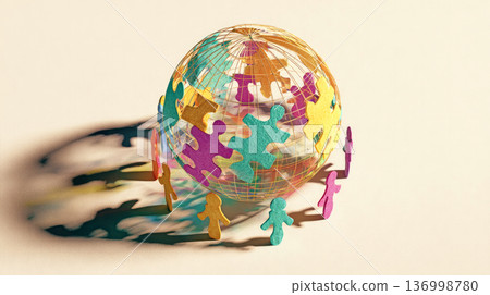 A globe of the earth made of puzzle pieces surrounded by colorful little men. Conceptual 3D illustration about autism awareness A globe of the earth made of puzzle pieces surrounded by colorful little men. Conceptual 3D illustration about autism awareness 136998780