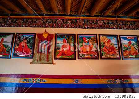 Fine art on the wall in Thiksey Monastery Fine art on the wall in Thiksey Monastery 136998852