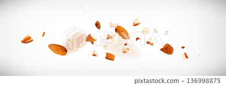 Crushed almonds falling isolated, flying nut pieces, levitate scattered almond seeds 136998875