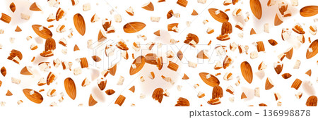 Crushed almonds falling isolated, flying nut pieces, levitate scattered almond seeds 136998878