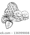 Black and white line art illustration of waffles with ice cream scoops and strawberries. Hand drawn dessert composition in ink style for cafe menus, confectionery branding and packaging design. Black and white line art illustration of waffles with ice cream scoops and strawberries. Hand drawn dessert composition in ink style for cafe menus, confectionery branding and packaging design. 136999008