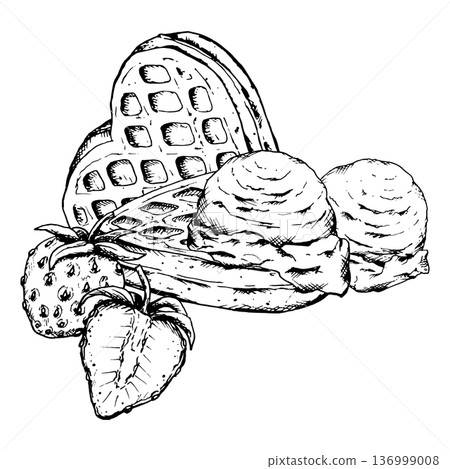 Black and white line art illustration of waffles with ice cream scoops and strawberries. Hand drawn dessert composition in ink style for cafe menus, confectionery branding and packaging design. Black and white line art illustration of waffles with ice cream scoops and strawberries. Hand drawn dessert composition in ink style for cafe menus, confectionery branding and packaging design. 136999008