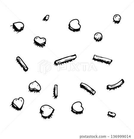 Black and white line art illustration of scattered candy, hearts and sweet elements. Hand drawn dessert icons in ink style for seamless patterns, Valentine designs, packaging and festive prints. Black and white line art illustration of scattered candy, hearts and sweet elements. Hand drawn dessert icons in ink style for seamless patterns, Valentine designs, packaging and festive prints. 136999014