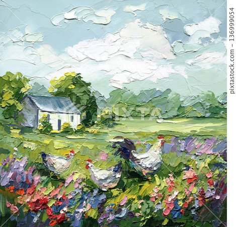 Farmhouse chickens colorful wildflowers countryside garden textured impasto palette knife painting with rustic cabin summer field. Farmhouse chickens colorful wildflowers countryside garden textured impasto palette knife painting with rustic cabin summer field. 136999054