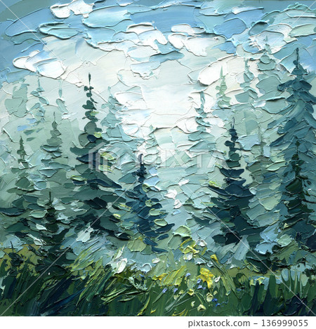 Pine forest in misty mountains with textured impasto palette knife painting in cool blue green tones 136999055