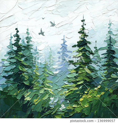Evergreen pine forest landscape with misty sky and flying birds textured impasto palette knife painting in green tones Evergreen pine forest landscape with misty sky and flying birds textured impasto palette knife painting in green tones 136999057
