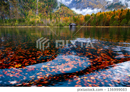 德國國王湖秋色景觀與岸邊靜謐的木屋船塢 136999083