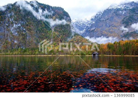德國國王湖秋色景觀與岸邊靜謐的木屋船塢 136999085