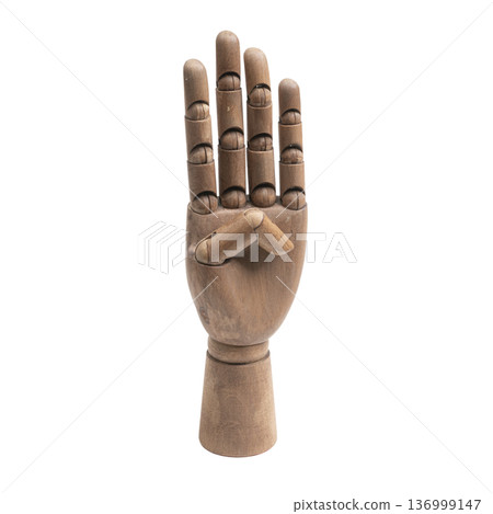 a wooden hand making a four-finger gesture a wooden hand making a four-finger gesture 136999147