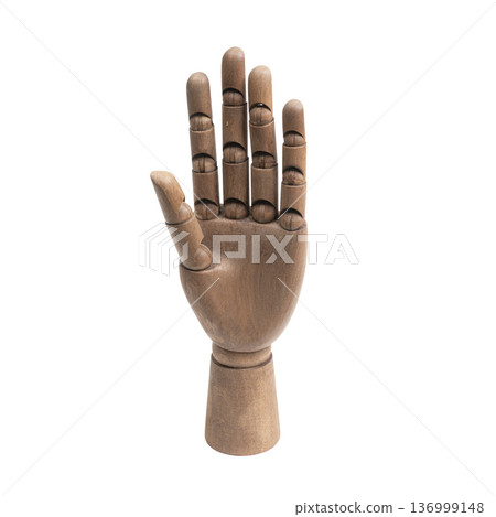 a wooden hand making a five-finger gesture a wooden hand making a five-finger gesture 136999148