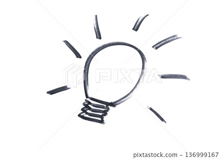 a lit light bulb drawn with a black marker 136999167