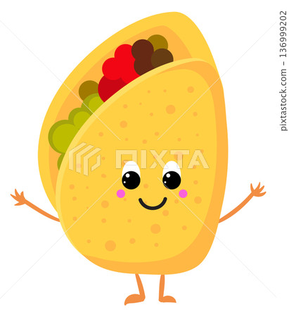 Happy taco character. Cartoon food smiling mascot Happy taco character. Cartoon food smiling mascot 136999202