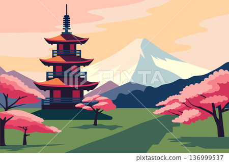 Serene Japanese landscape with Pagoda, mountains and cherry blossoms. Scenic illustration. Serene Japanese landscape with Pagoda, mountains and cherry blossoms. Scenic illustration. 136999537