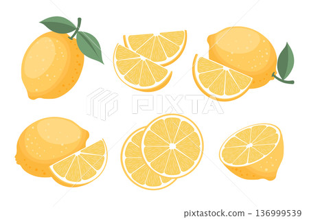 Fresh yellow lemon fruits collection with slices and leaves.Tropical fruit set illustration. Fresh yellow lemon fruits collection with slices and leaves.Tropical fruit set illustration. 136999539