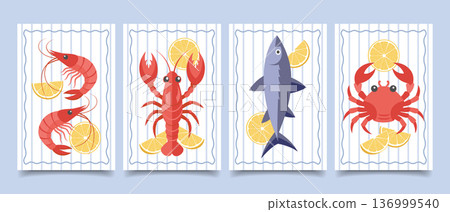 Set of cards with fresh seafoods with lemon slices. Collection of Italian cuisine posters. Mediterranean menu cards set. 136999540