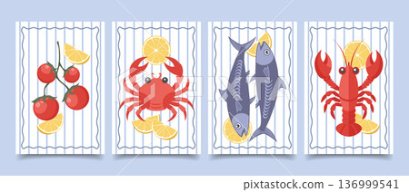 Set of cards with fresh seafoods with lemon slices. Sardines, crab, lobster. Collection of Italian cuisine posters. Mediterranean menu cards set. 136999541