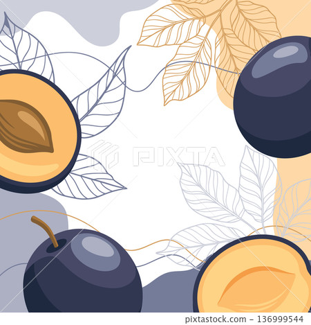 Plums fruit background. Abstract composition of ripe plums with leaves. Card, banner, poster. 136999544