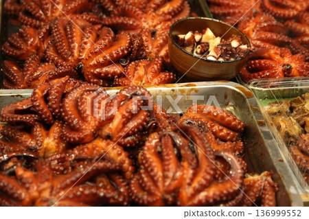 Octopus for sale on the Akashi fish shelf Octopus for sale on the Akashi fish shelf 136999552