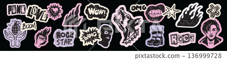 Rock doodle sticker set, hand drawn grunge punk scrapbook collage badge, aggressive urban art sign. Rock doodle sticker set, hand drawn grunge punk scrapbook collage badge, aggressive urban art sign. 136999728