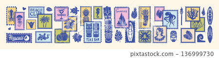 Tropical summer postal stamp, ocean beach postmark sticker, hand drawn doodle travel coastal print.  136999730