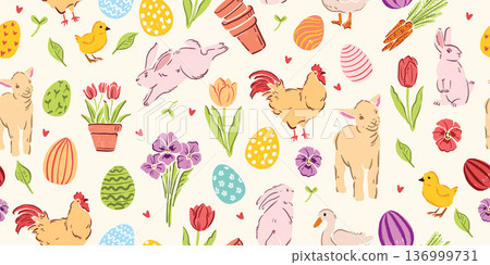 Spring Easter seamless pattern, holiday traditional repeat texture hand drawn childish cartoon print Spring Easter seamless pattern, holiday traditional repeat texture hand drawn childish cartoon print 136999731