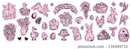 Spring Easter sticker, holiday doodle icon, hand drawn traditional egg hunt print cute cartoon bunny 136999732