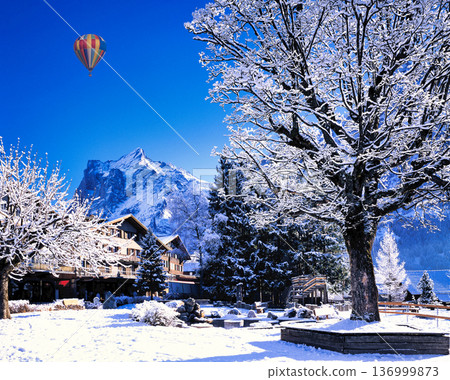 Landscape with hoarfrost in Grindelwald in the middle of winter Landscape with hoarfrost in Grindelwald in the middle of winter 136999873