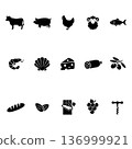 Icon set of ingredients and dishes that go well with wine (beef, pork, cheese, snacks, etc.) 136999921
