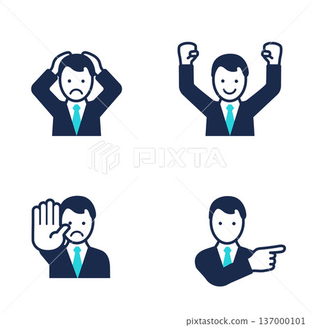 Businessman icon set in a suit (troubled face, smiling face, angry face, expressionless face) 137000101