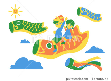 Happy children riding carp streamers 137000244