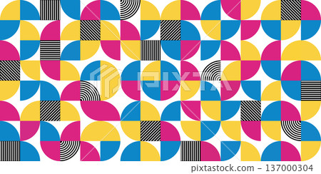 Rhythmic neo-modern vector ornament with vivid blue and magenta geometric elements. Rhythmic neo-modern vector ornament with vivid blue and magenta geometric elements. 137000304