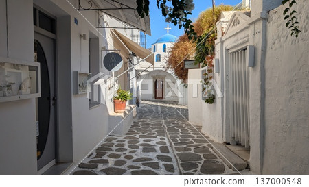 A blue dome white church at the end of the cobblestone street in the touristic area 137000548