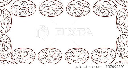 Horizontal frame with assorted donut on a white background in line art style. 137000591