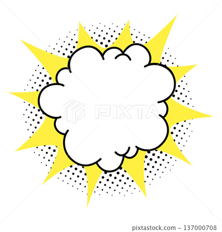 Comic cloud speech bubble with yellow starburst rays and black halftone dots in retro pop art vector style. Cloud bubble starburst shape for sale banners and promo labels Comic cloud speech bubble with yellow starburst rays and black halftone dots in retro pop art vector style. Cloud bubble starburst shape for sale banners and promo labels 137000708