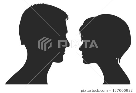 Boyfriend and girlfriend face together. Black head silhouettes Boyfriend and girlfriend face together. Black head silhouettes 137000952