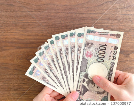 A woman's hand holding 100,000 yen on a desk A woman's hand holding 100,000 yen on a desk 137000977