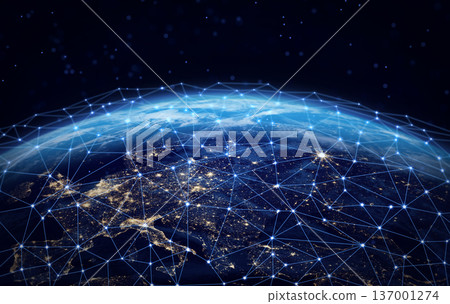 Global network connection covering the Earth planet. Europe at night. Global network connection covering the Earth planet. Europe at night. 137001274