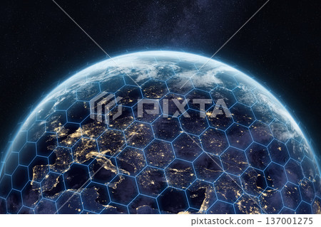 Shield of planet Earth. Global network connection. Europe at night. Shield of planet Earth. Global network connection. Europe at night. 137001275