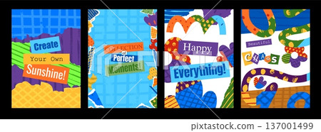 Cut out colorful elements posters designs vector set, torn edge papers pieces various shapes, different patterns, slogan 137001499