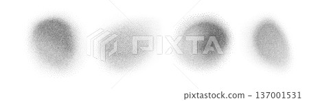 Gray stipple circle blobs blurred gradient noise gradation, abstract gritty dotted spray paint design element vector set 137001531