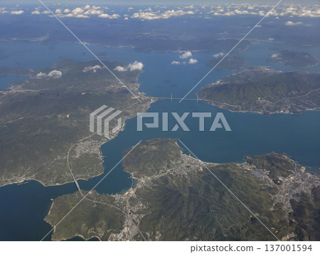 Aerial view of the Seto Inland Sea, around Tatara Bridge, and the Shimanami Kaido 137001594