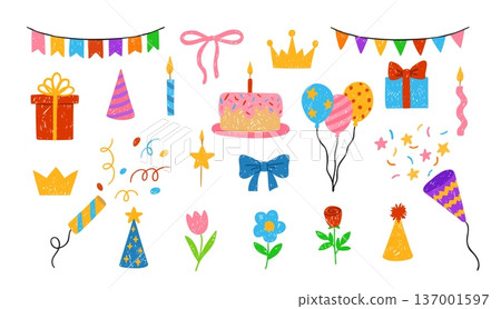 Birthday party festive design elements set, gift box, crown, flowers, firecrackers, balloons cake vector crayon sketch Birthday party festive design elements set, gift box, crown, flowers, firecrackers, balloons cake vector crayon sketch 137001597